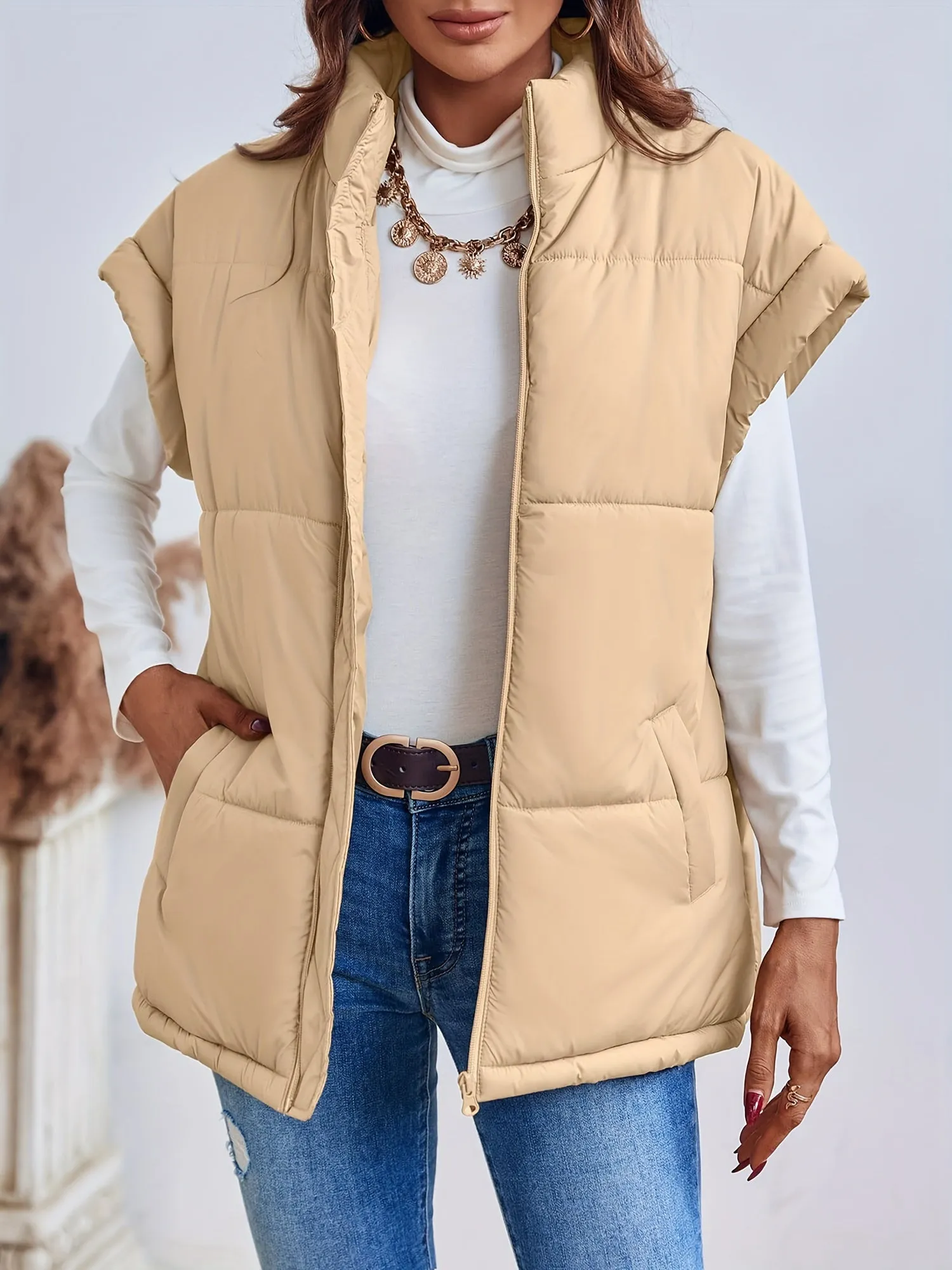 Womens Oversized Belted Puffer Vest with Stand Collar
