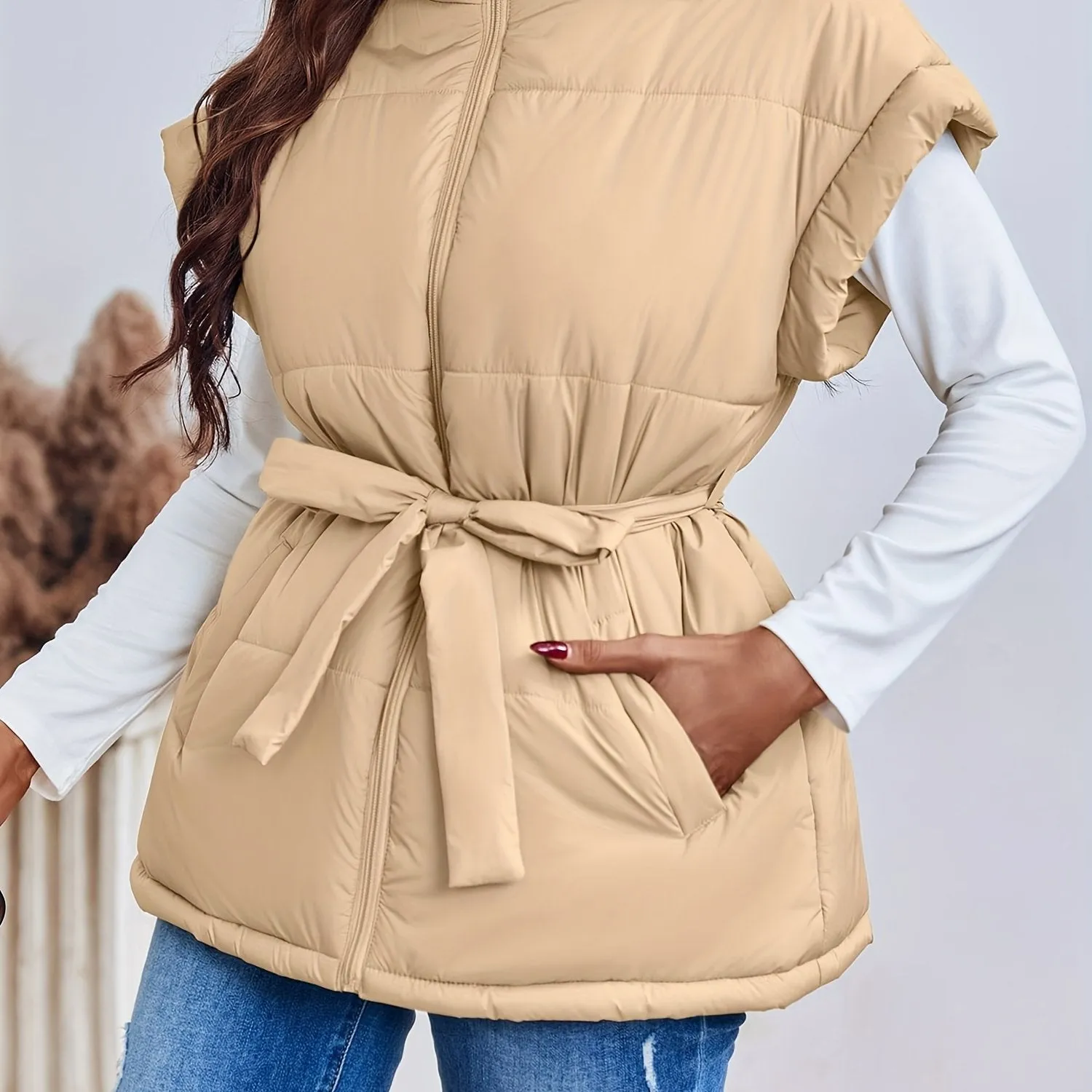 Womens Oversized Belted Puffer Vest with Stand Collar