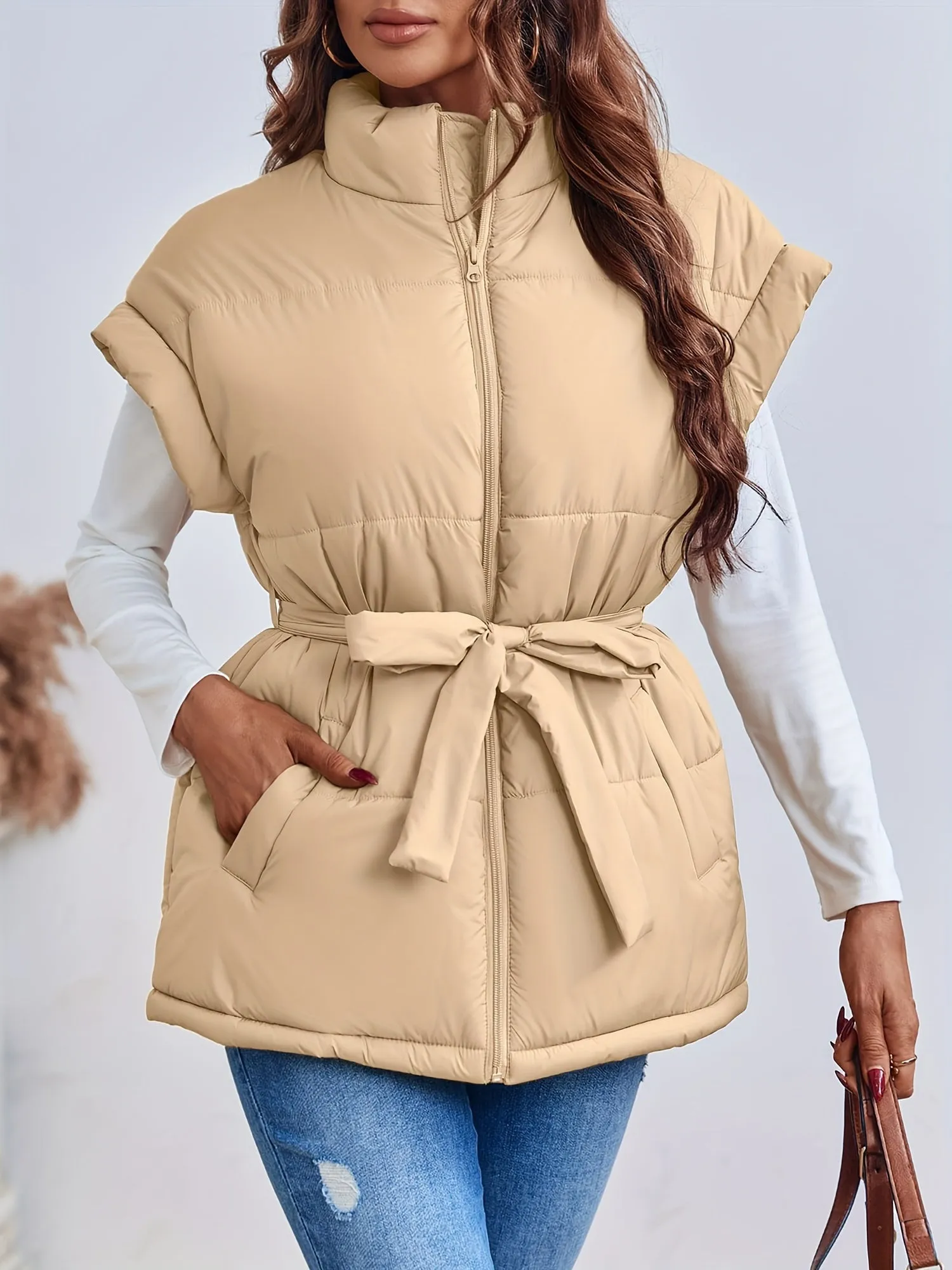 Womens Oversized Belted Puffer Vest with Stand Collar